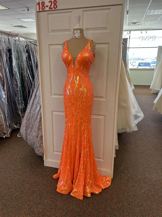 Modest Mermaid V Neck Orange Sequin Prom Dresses Inspo For Teens Formal Dress Party Outfits Prom Gowns AB066