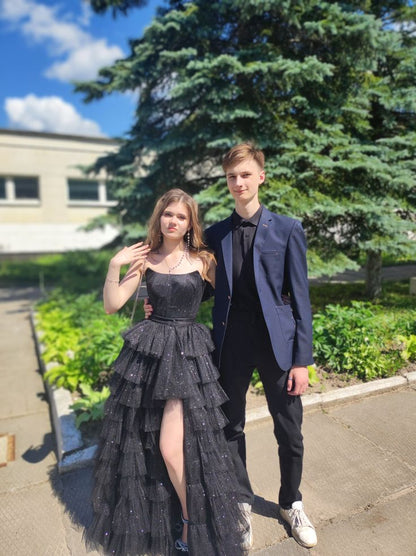 Schwarzes, trägerloses Ballkleid mit Schlitz und Pailletten, langes, formelles Abendkleid N793