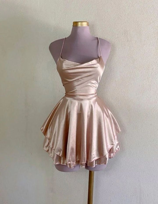 Simple A line Spaghetti Straps Champagne Backless Short Inspo Hoco Dress Homecoming Dresses RB4162