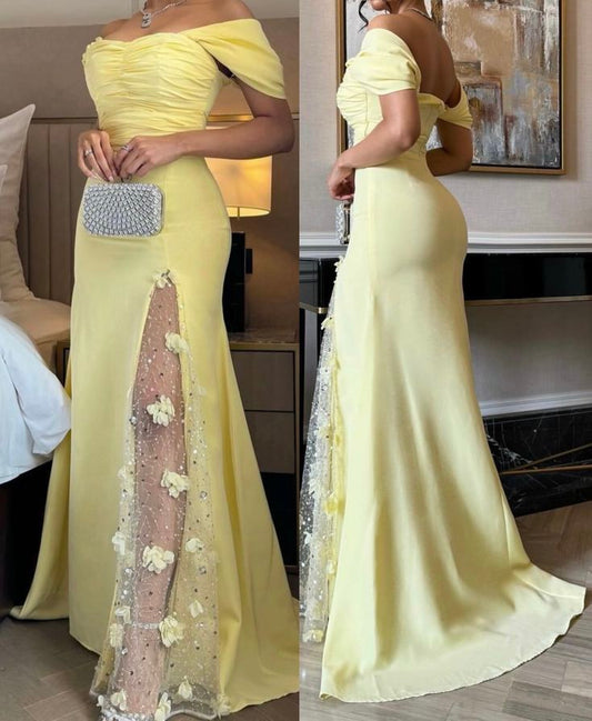 Classy Mermaid Off The Shoulder Yellow With Split Long Prom Dresses Formal Dress 20th Birthday Outfits N133