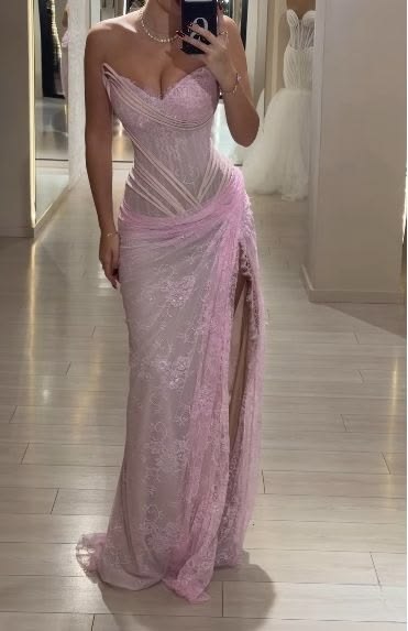 Sexy Meerjungfrauen-Kleid, trägerlos, rosa Spitze mit Schlitz, langes Abendkleid mit Falten, Partykleid N350