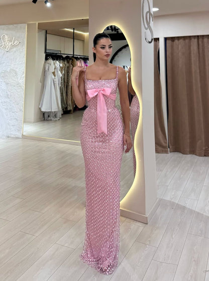 Modest Mermaid Spaghetti Strap Pink Sequin With Bow Evening Dresses Night Date Prom Dress Party Outfits AB2536