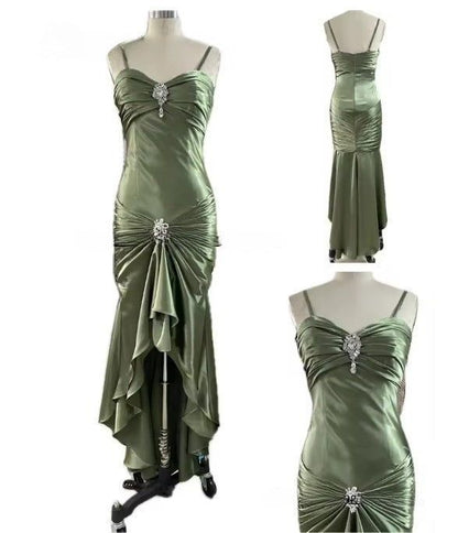 Elegantes, dunkelgrünes, langes Meerjungfrauen-Abendkleid aus Satin mit Spaghettiträgern – Wunderschönes Abendkleid N1782