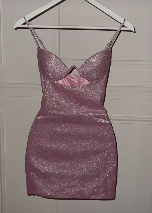 Sparkly Sheath Spaghetti Strap Pink Sequins Party Dress Short Mini 16th Birthday Dresses Hoco Outfits RB3416