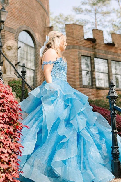 Robe de bal ravissante à épaules dénudées, bleu ciel clair, en dentelle et tulle, idéale pour les fêtes, les anniversaires et les remises de diplômes (AB1041).