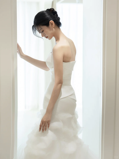 Vintage Mermaid Strapless Sleeveless White Fitted Pleated Long Wedding Dress Bride Gown Wedding Dresses RB1877