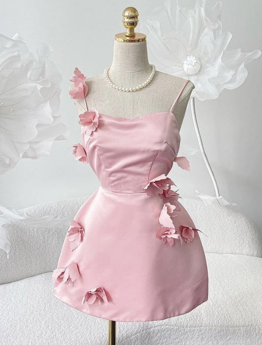 Pretty A Line Spaghetti Straps Pink With 3D Flowers Homecoming Dresses Short Party Birthday Outfits RB4170