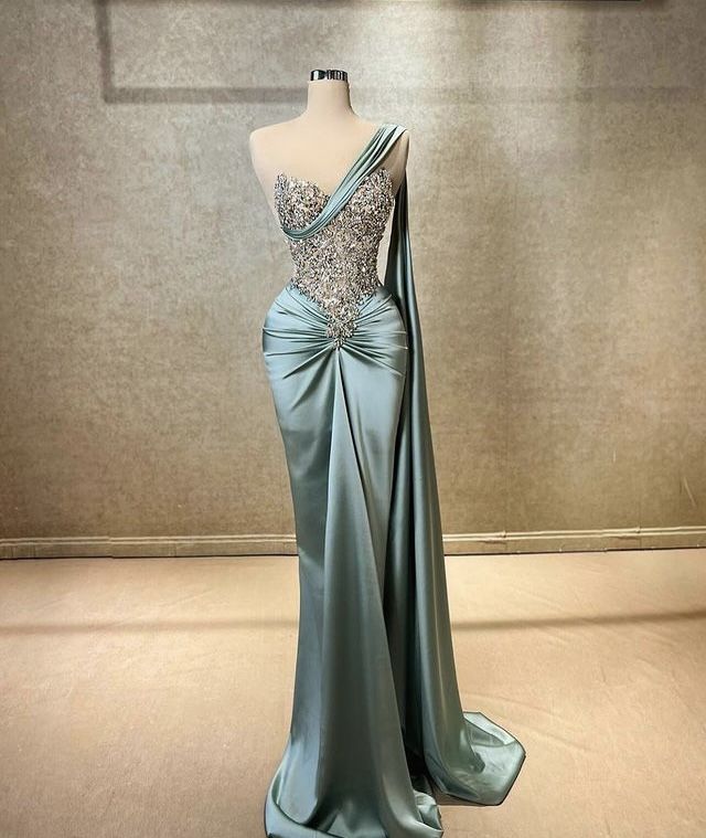 Robe Longue Sexy Brillante Épaule Unique Sans Manches Robes de Bal Bleues Sirène Moulante Pour Femmes N4065