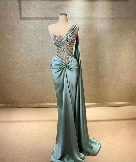 Sexy Shimmer Gown One Shoulder Sleeveless Blue Prom Dresses Mermaid Bodycon For Women N4065