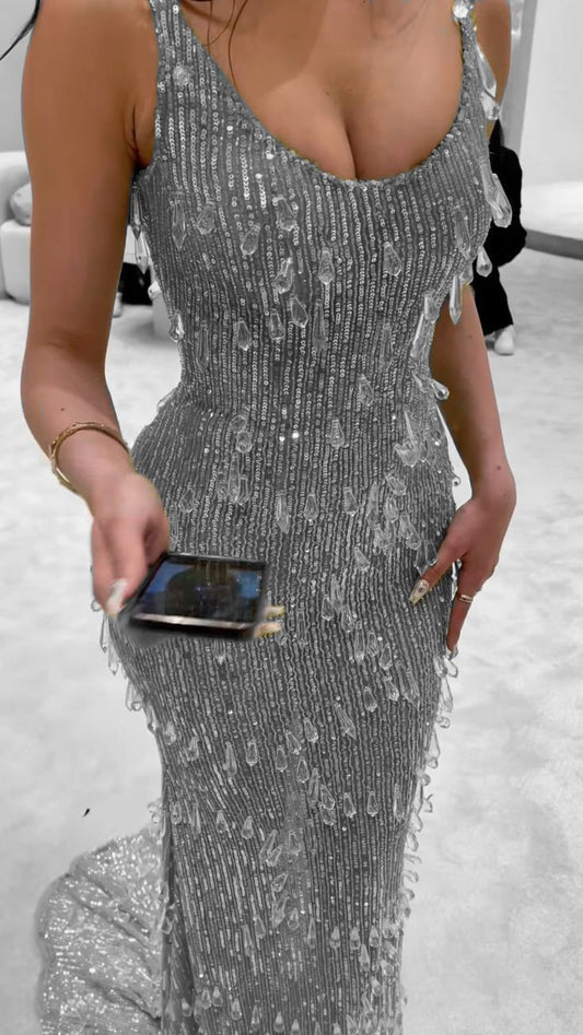 Sparkly Silver Elegant Sequin Long Party Dress Prom Dresses With Gem Mermaid Bodycon For Women N4086