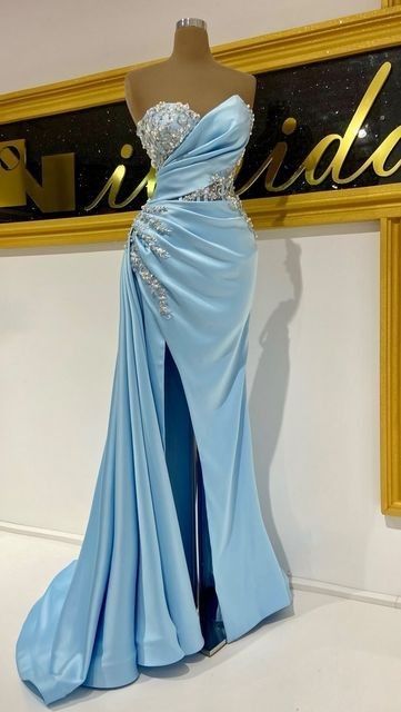 Robe de soirée sirène moulante fendue bleue bustier sans manches à paillettes sexy pour femmes N4064
