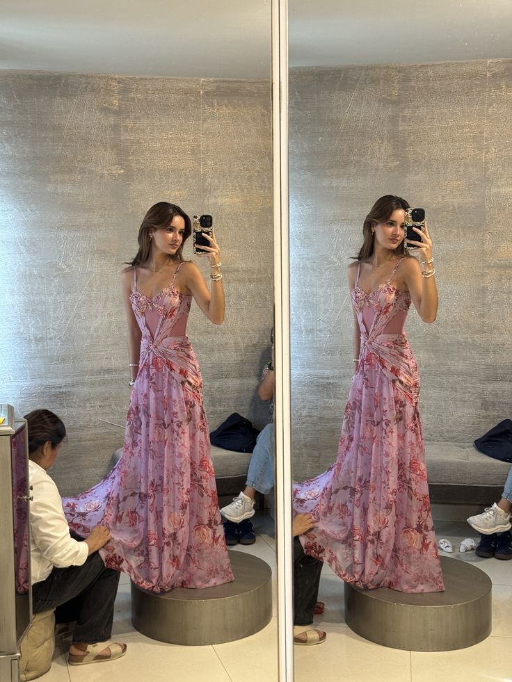 Elegant A Line Spaghetti Straps Floral Pink Long Chiffon Prom Dresses Vestidos De Dia AB588