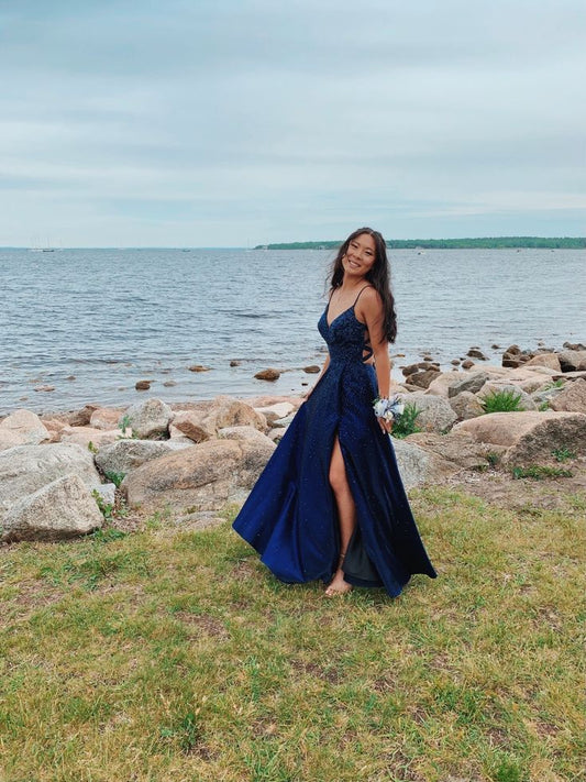 Funkelndes, marineblaues A-Linien-Abendkleid mit Spaghettiträgern, langes, dunkelblaues Abendkleid mit Schlitz (AB733)