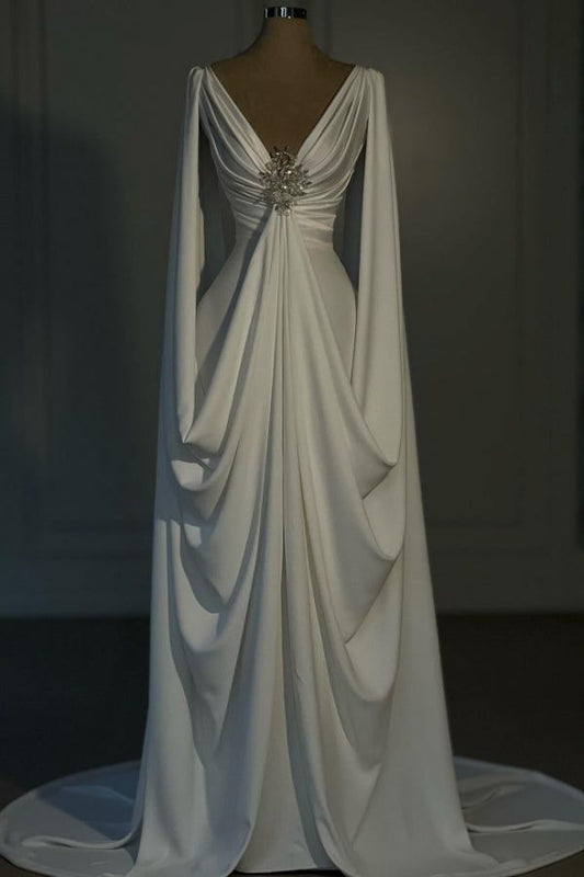 Elegantes, langes, formelles Meerjungfrauen-Abendkleid aus weißem Satin mit Perlenstickerei und V-Ausschnitt, geeignet für festliche Anlässe wie Abschlussball, Dinnerpartys und andere festliche Anlässe (AB2078)