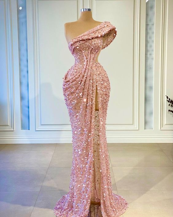 Nouvelle Arrivée Élégante Robe de Soirée Longue Rose à Paillettes Épaule Unique Robe de Bal Sirène Moulante pour Femmes N4077