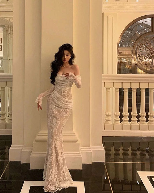 Modest Off The Shoulder Lace Mermaid Long Prom Dresses Formal Party Gown For Women AB1527