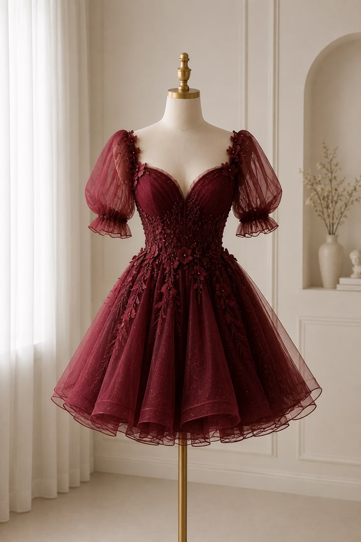 Cute Ball Gown Homecoming Dresses Sweetheart Burgundy Lace Graduation Cocktail Graduation Outfit RB6745
