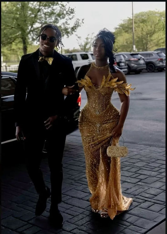 Modest Mermaid Scoop Gold Sequin Prom Dresses for Women Evening Party Gown Formal Gown 18th Birthday Gowns AB786