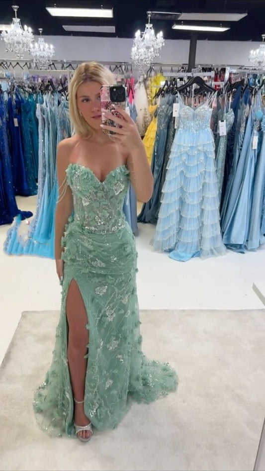 Sweetheart Mermaid Green Sequin Long Prom Dresses Split Formal Evening Dress Bodycon For Girls Women N4104