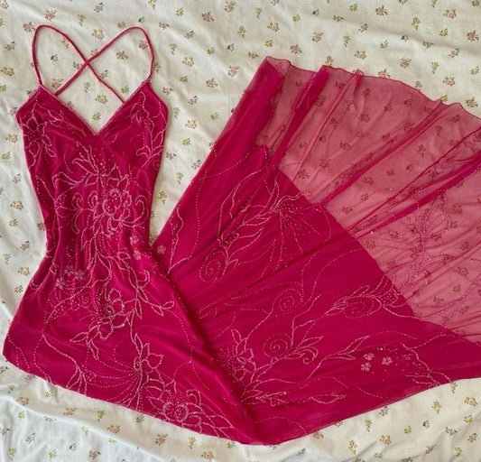 Vintage A-Linien-Chiffonkleid mit Spaghettiträgern in Pink mit Perlenbesatz, formelles Abendkleid, Maxikleid, Ballkleid, ästhetisches Partykleid für Damen AB1215