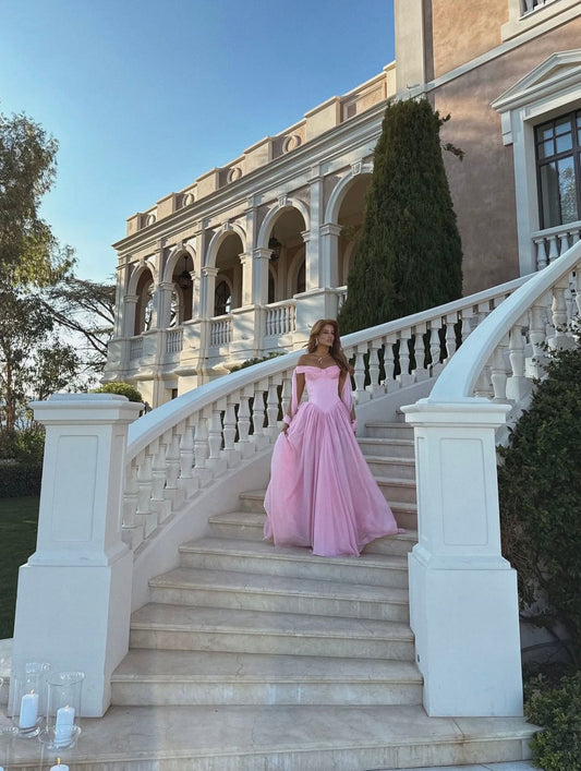 Modest A Line Off The Shoulder Pink Chiffon With Short Sleeves Long Prom Dresses Party Dress Sweet 16 Birthday Outfits Graduation Dress AB1069
