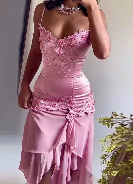 Vintage Meerjungfrauen-Abendkleid mit Spaghettiträgern, rosa Rüschen und langem Rock für Schülerinnen, formelles Abendkleid für Mädchen, N1013