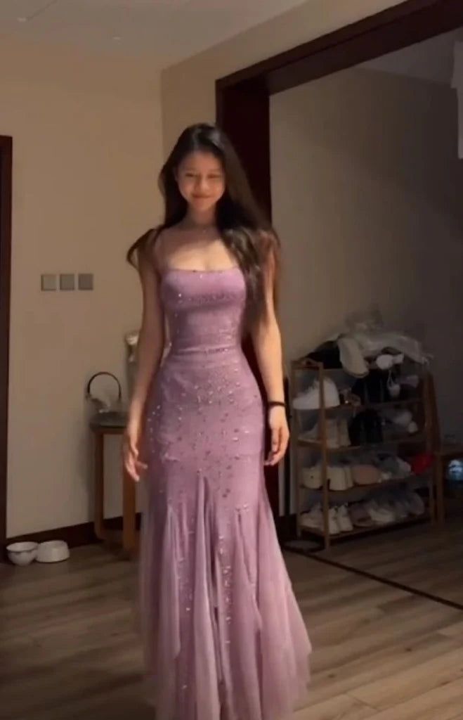 Sexy Meerjungfrau Spaghettiträger Lila Tüll Ballkleider Inspiration Ballkleid Prinzessin Party Geburtstag Abschlussballkleid B343