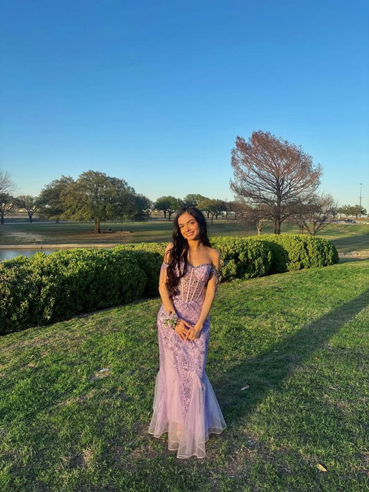 Mermaid Marine Ball Dresses Floor Length Formal Gowns Off The Shoulder Lilac Lace Prom Dresses Evening Dress AB721