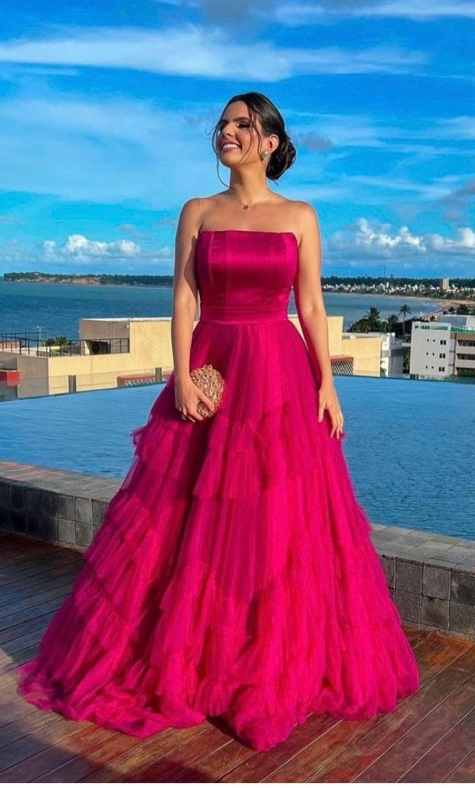 Simple A Line Strapless Tulle Fuchsia Sleeveless Long Prom Dresses Classy Prom Gowns AB228