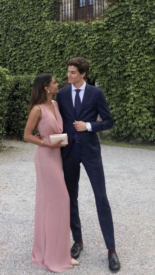 Simple Sheath Cowl Neck Pink Sleeveless Long Prom Dresses Wedding Guest Dress Classy Prom Gowns AB246