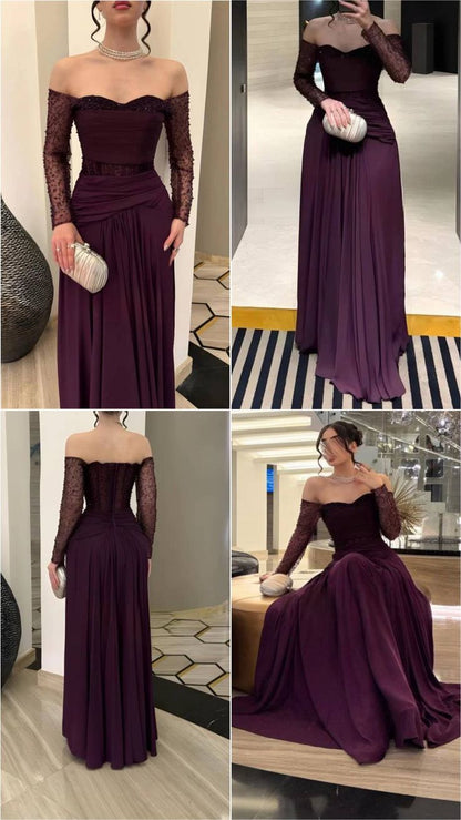 Sexy A-Linien-Abendkleid mit schulterfreiem Rock, weinroten Ärmeln und Perlenbesatz, langes formelles Abendkleid, Brautkleid N365