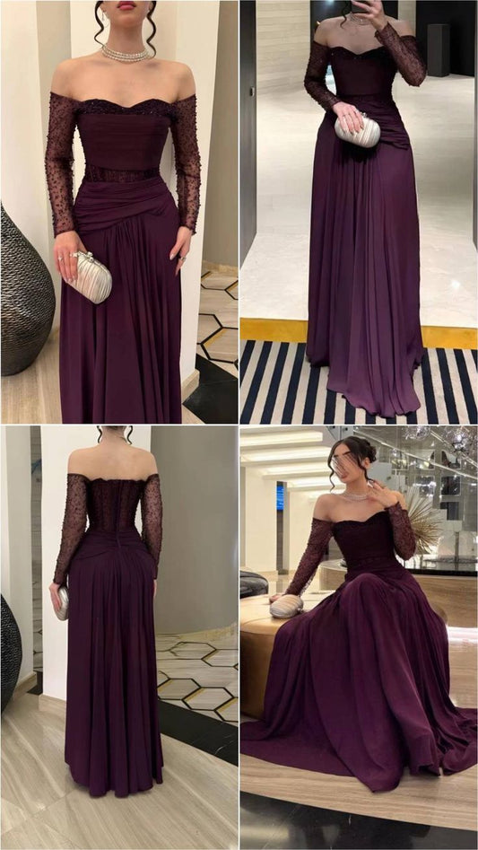 Sexy A Line Off The Shoulder Grape With Sleeves Beaded Prom Dresses Long Evening Formal Gown Wedding Party Gowns N365