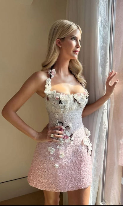 Élégante robe de soirée courte et mini rose trapèze à licou avec fleurs 3D et sequins, pour 15e anniversaire, tenue de soirée RB3395
