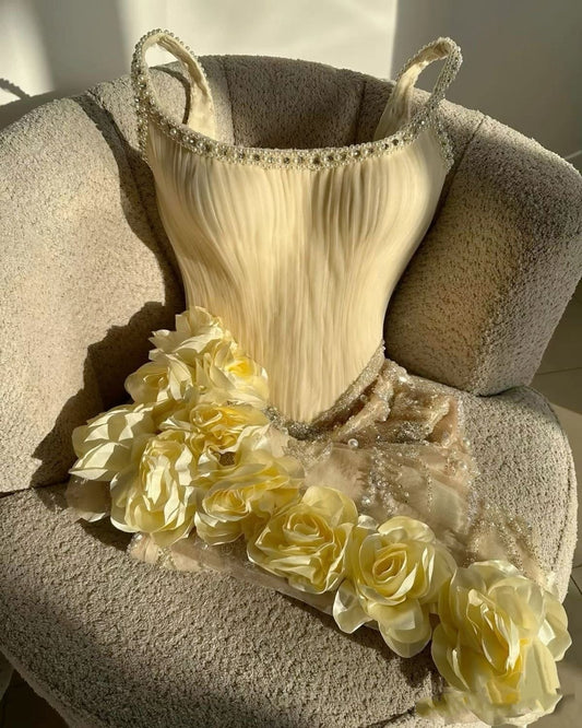 Sparkly Sheath Spaghetti Straps Yellow With Beads 3D Flowers Inspo Hoco Dress Homecoming Dresses RB4196