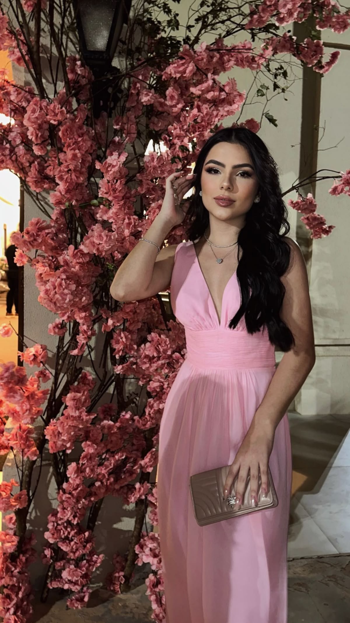 Robe de bal rose en mousseline, coupe trapèze, col en V, style simple, AB372