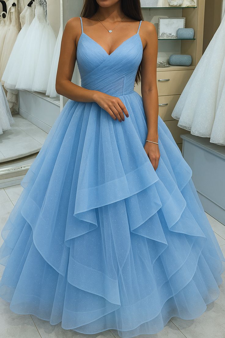 Robe de bal élégante à fines bretelles en tulle bleu, idéale pour les adolescentes. Robe de soirée formelle, tenue de bal, AB1114