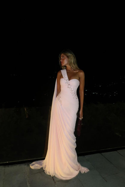 Robe de bal sirène asymétrique en mousseline de soie rose clair, tenue de soirée longue pour 18e anniversaire, RB1344