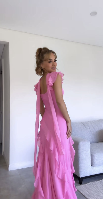 Beautiful Pink V Neck Chiffon Ruffle Mermaid Long Prom Dress Party Gown With Ribbon Wedding Guest Gown N250