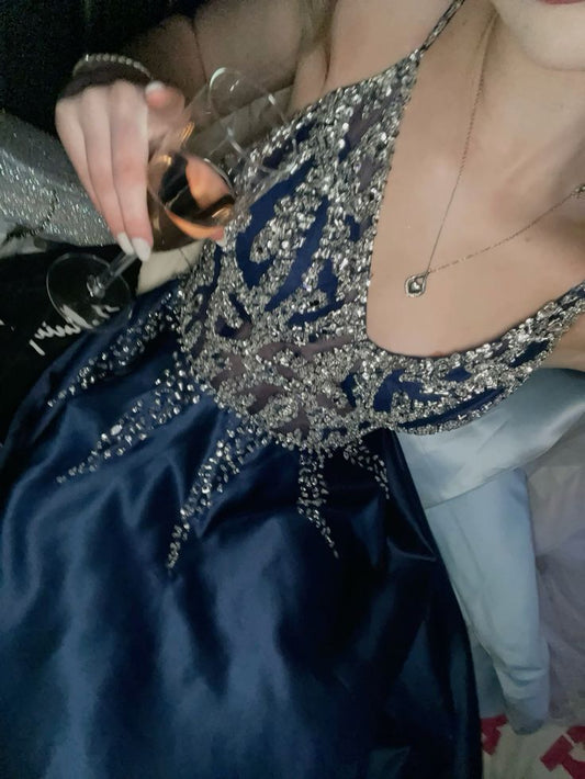 Special A Line V Neck Dark Navy Blue Satin Silver Beads Sequin Sleeveless Long Prom Dresses Inspo Prom Gown AB1029