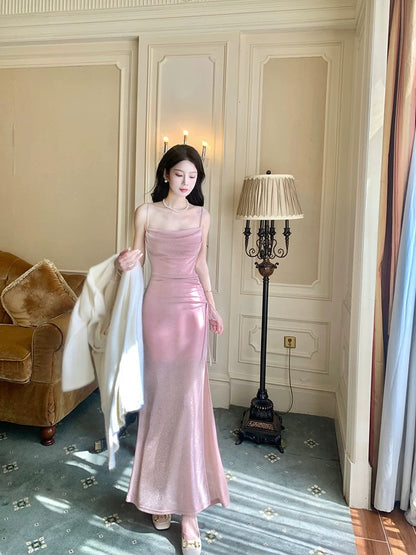 Elegantes, pinkfarbenes Pailletten-Abendkleid im Meerjungfrauenstil mit Spaghettiträgern und Schlitz – perfekt für Highschool-Teenager, Abschlussball oder Tanzabend (N016)