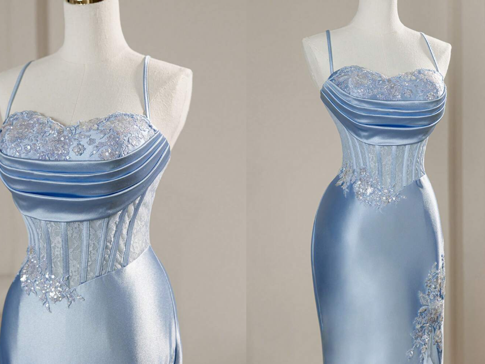 Robe de bal longue plissée en satin bleu satiné à fines bretelles sirène élégantes (Vestidos De Dia AB591)
