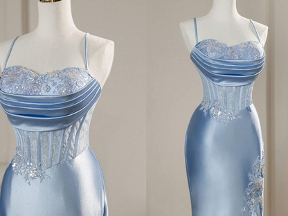 Robe de bal longue plissée en satin bleu satiné à fines bretelles sirène élégantes (Vestidos De Dia AB591)