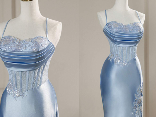 Robe de bal longue plissée en satin bleu satiné à fines bretelles sirène élégantes (Vestidos De Dia AB591)