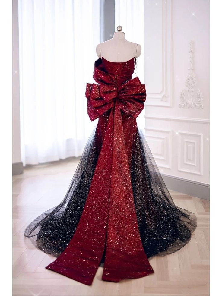 Robe de soirée sirène sexy à décolleté cœur, rouge et noire, en tulle plissé, AB2105