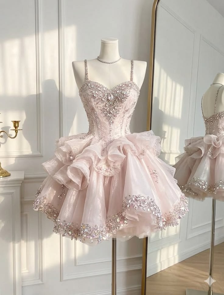 Mignonne Robe de Bal à Bretelles Fines avec Perles Rose Mini Senior Inspo Robe Courte de 17ème Anniversaire Tenues de Fête Robes de Rentrée RB3134