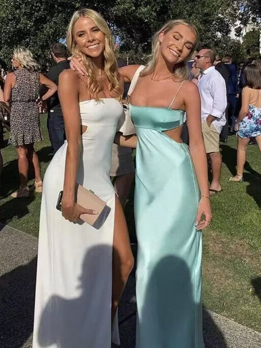 Spaghetti Straps Sheath Aqua Blue Prom Dress Formal Satin Party Dress AB1556