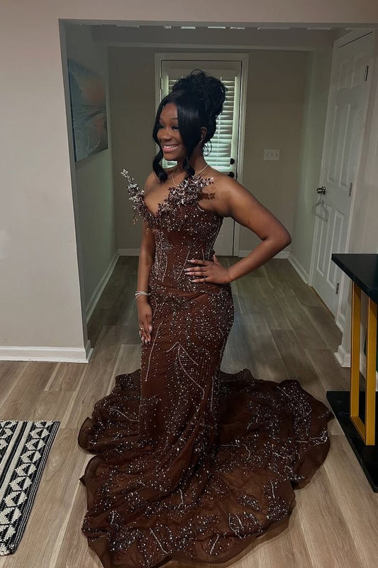 Elegant Sparkle Brown Mermaid Court Train V-neck Sleeveless Prom Dresses For Women AB1536