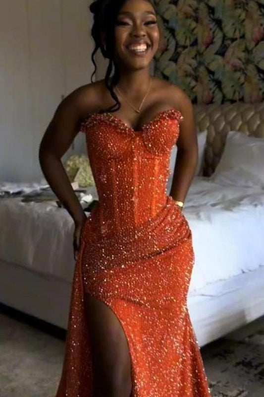 Orange Mermaid Prom Dress Sleeveless Sweetheart Sequined Formal Dress Party Gown For Women AB1531