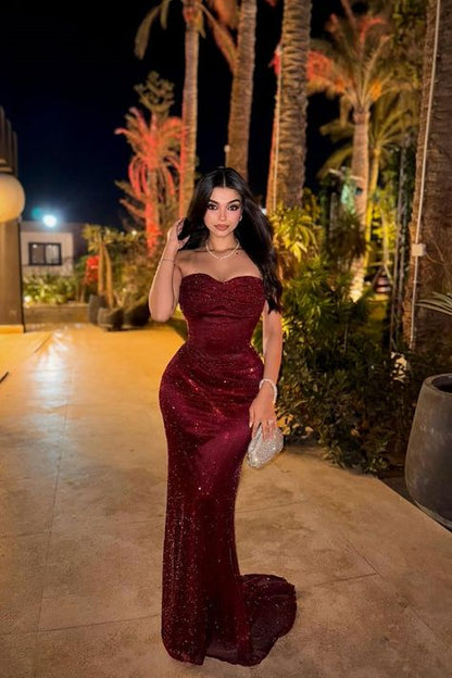 Robe de bal sirène bordeaux scintillante, bustier sans manches, à sequins, en solde AB1544