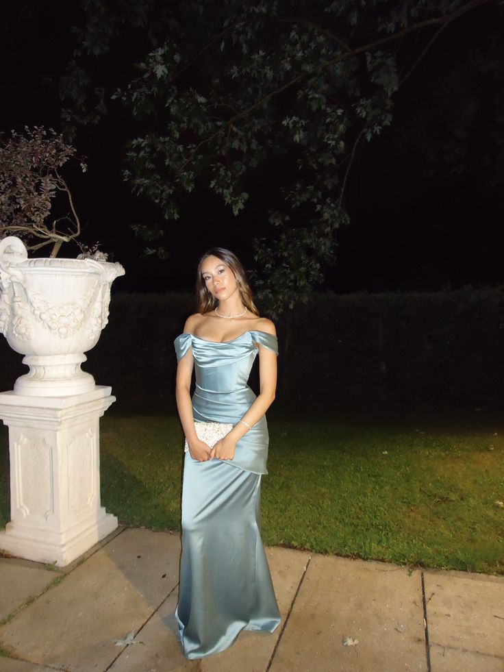 Blaues Satin-Partykleid, schulterfrei, langes, sexy Ballkleid, Abendkleid AB1563